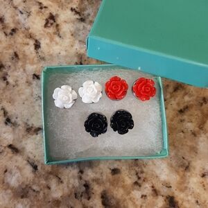 🦋 Floral Stud Earrings Set in Red, White, and Black